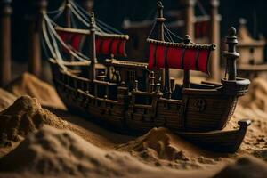 a model of a ship in the sand. AI-Generated photo