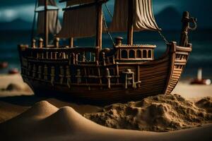 a model of a ship on the sand. AI-Generated photo