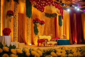 a stage decorated with yellow and red flowers. AI-Generated photo