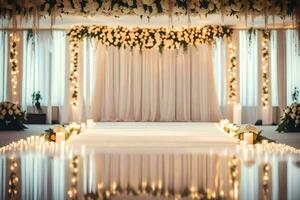 un Boda ceremonia es conjunto arriba con velas y flores generado por ai foto