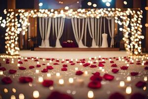 a wedding ceremony is set up with candles and red roses. AI-Generated photo