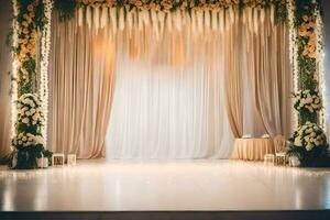 un Boda etapa con blanco cortinas y flores generado por ai foto