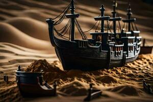 a model of a ship in the sand. AI-Generated photo