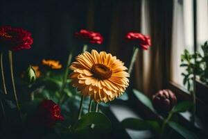 flowers in front of a window. AI-Generated photo