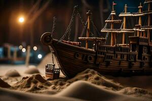 a model of a pirate ship in the sand. AI-Generated photo