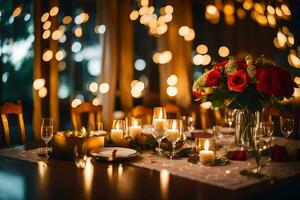 a table with candles and flowers in front of a window. AI-Generated photo