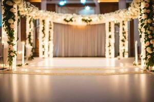 un Boda ceremonia es conjunto arriba con blanco flores y velas generado por ai foto