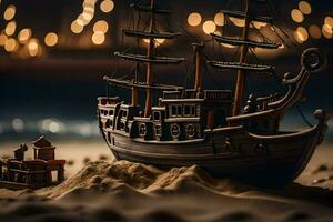a toy ship is on the sand in front of a lighted background. AI-Generated photo