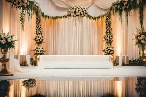 a wedding stage with white and gold decorations. AI-Generated photo