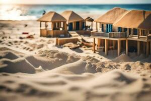 a miniature beach house is sitting on the sand. AI-Generated photo