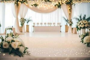 a wedding ceremony is set up with white flowers and white lights. AI-Generated photo