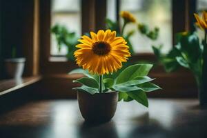 a yellow sunflower in a pot on a table. AI-Generated photo