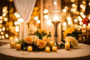 un mesa con velas y flores en él. generado por ai foto
