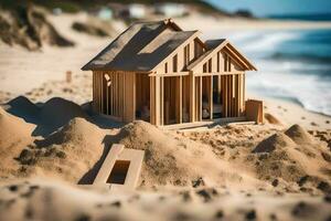 a wooden house on the beach with sand. AI-Generated photo