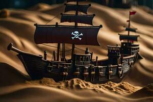 a pirate ship is in the sand. AI-Generated photo