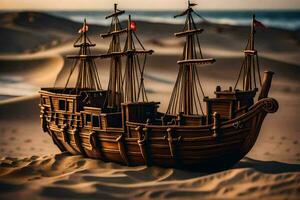 a model of a ship in the sand. AI-Generated photo