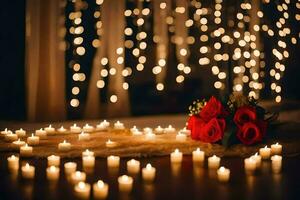 un ramo de flores de rojo rosas y velas en un mesa. generado por ai foto