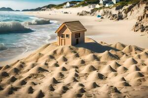 a miniature house on the beach. AI-Generated photo