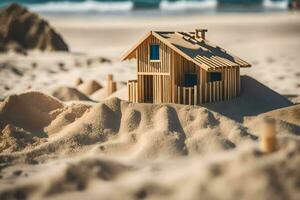a small wooden house sits in the sand on the beach. AI-Generated photo