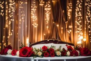 un mesa con rojo rosas y velas generado por ai foto