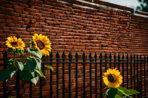 girasoles son creciente en frente de un ladrillo pared. generado por ai foto