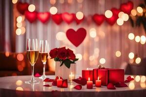 a table with two glasses of champagne and a heart shaped box. AI-Generated photo