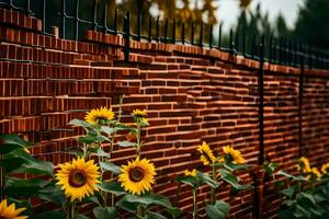 un cerca con girasoles en frente de él. generado por ai foto