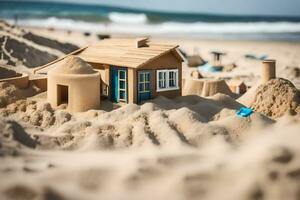 a sandcastle with a house on the beach. AI-Generated photo