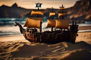 a pirate ship is on the beach at sunset. AI-Generated photo