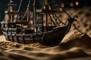 a model of a pirate ship in the sand. AI-Generated photo