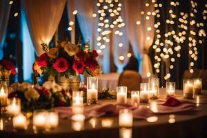 un mesa con velas y flores en frente de un cortina. generado por ai foto