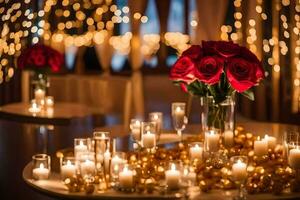 a table with candles and roses in a vase. AI-Generated photo