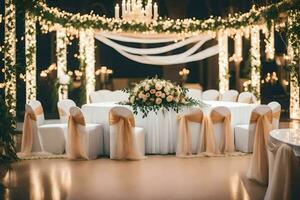 un Boda recepción con blanco y oro decoración. generado por ai foto