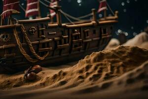 un modelo de un pirata Embarcacion en el arena. generado por ai foto