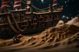 a model of a pirate ship in the sand. AI-Generated photo
