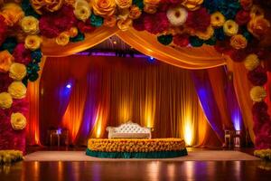 a colorful stage with flowers and a couch. AI-Generated photo