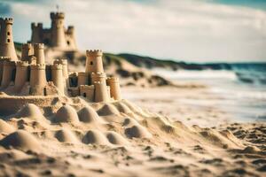 arena castillo en el playa. generado por ai foto