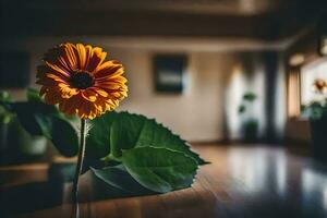 a single orange flower sits on the floor in a room. AI-Generated photo