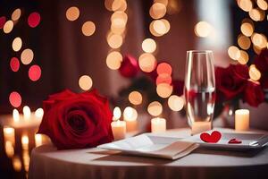 a table with a candle and roses on it. AI-Generated photo