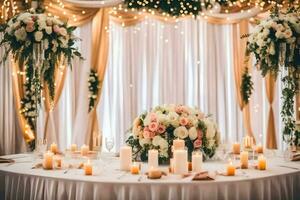 a wedding reception table with candles and flowers. AI-Generated photo