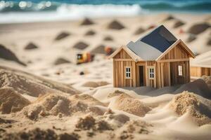 a small wooden house sits in the sand on the beach. AI-Generated photo