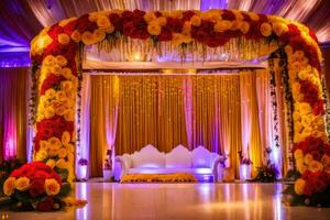 a wedding stage decorated with flowers and lights. AI-Generated photo