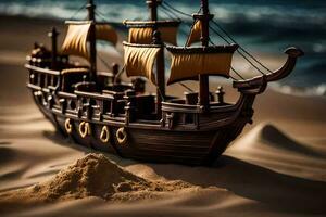 a model of a pirate ship on the beach. AI-Generated photo