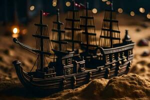 a model of a pirate ship in the sand. AI-Generated photo