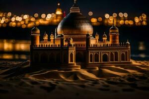 a model of a mosque in the sand. AI-Generated photo