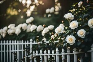white roses are growing on a white fence. AI-Generated photo
