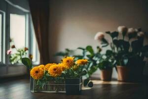 yellow flowers in a vase on a wooden floor. AI-Generated photo