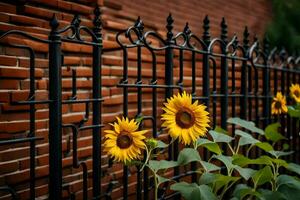 sunflowers are growing in front of a brick wall. AI-Generated photo