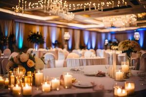 a wedding reception with candles and chandeliers. AI-Generated photo