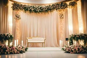 a wedding ceremony with a white chair and flowers. AI-Generated photo
